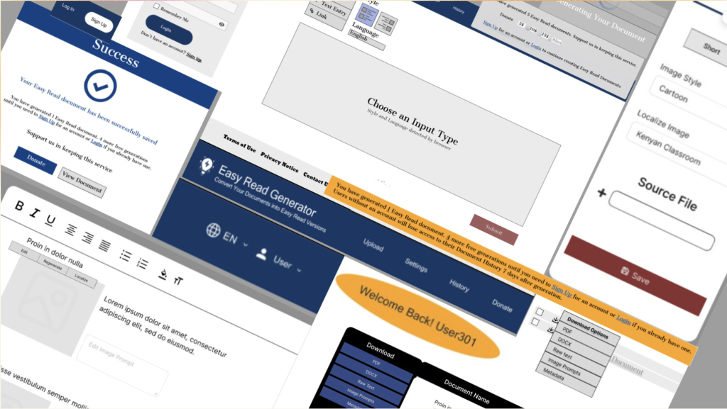 A mosaic of prototype screens from the Easy Read Generator redesign—an accessibility-focused civic tech tool reimagined by UMD students to better serve users with diverse cognitive and digital literacy needs.