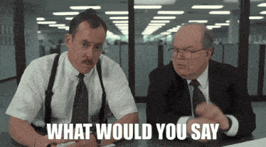 Scene from office space movie. The "two Bobs" interrogate Tom: "what would you say you do here?"