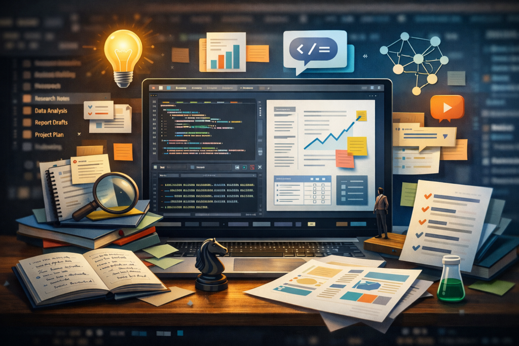 Digital illustration of a laptop displaying an integrated development environment (IDE) with code on the left and a document with charts on the right. Surrounding the screen are research notes, sticky notes, data visualizations, a magnifying glass, books, and icons representing ideas, networks, and media, symbolizing an AI-powered workspace that integrates coding, research, writing, and analysis in one environment.