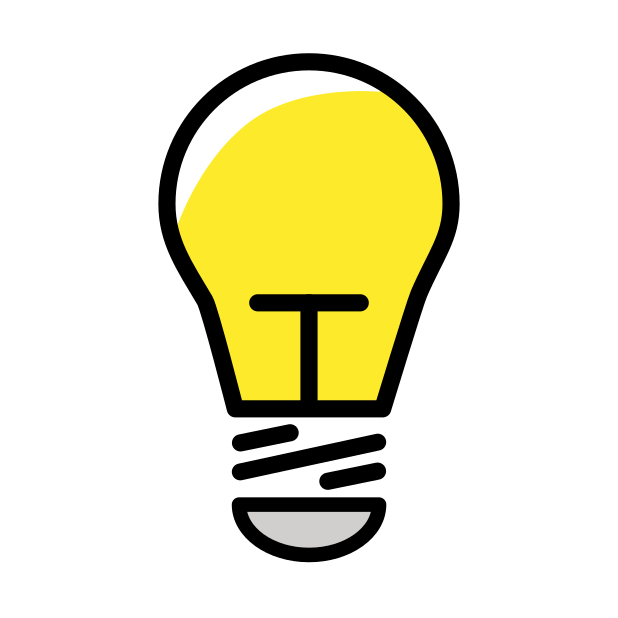 A light bulb, as screwed into a lamp to light a room. Depicted as an incandescent bulb with a silver base, often shown with filament and a soft, yellow-white glow. Commonly used to represent ideas (as over a head in a cartoon), thinking, and learning, often as paired with 🤔 Thinking Face or 💭 Thought Balloon. May also represent various senses of light and brightness.